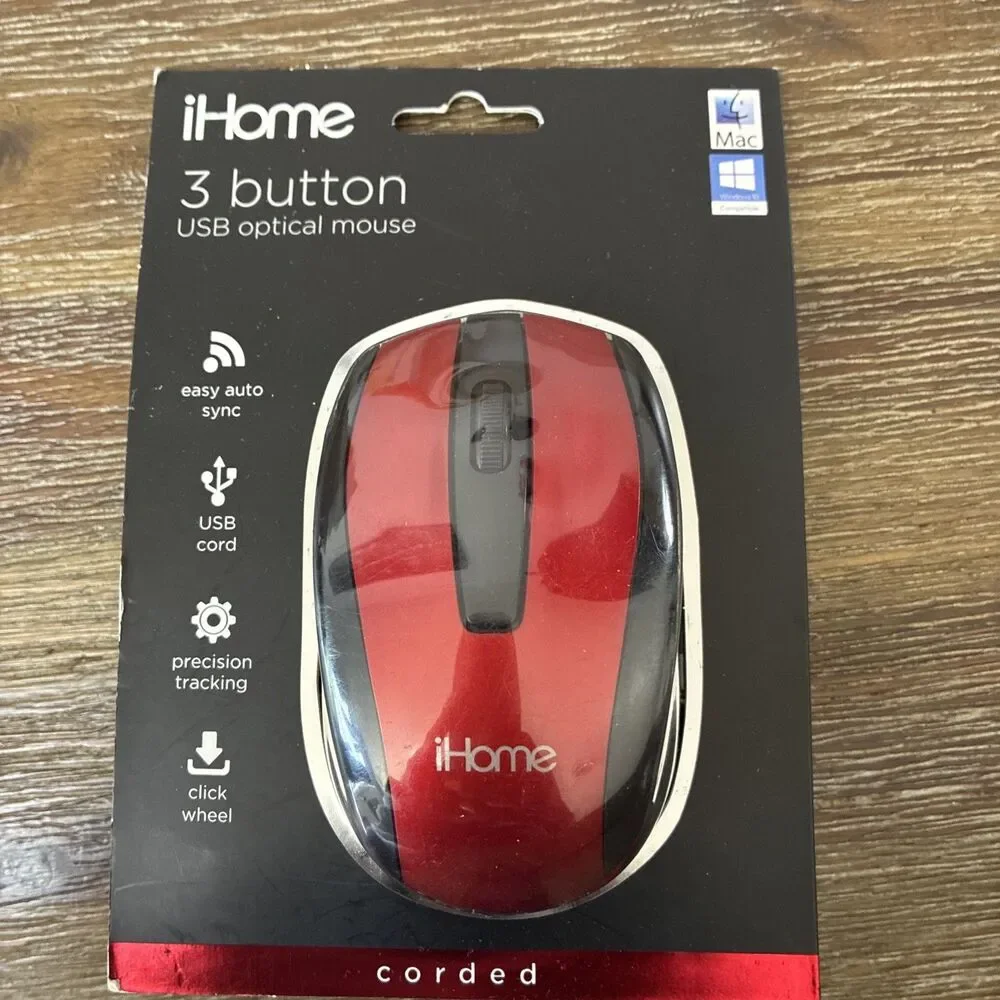 iHome Wired USB Optical Mouse for Mac Windows  3-Button Scroll Wheel RED
